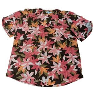 Chico's Size 2 Large Easy Care Stretch Gathered Women's Shirt Tropical Floral